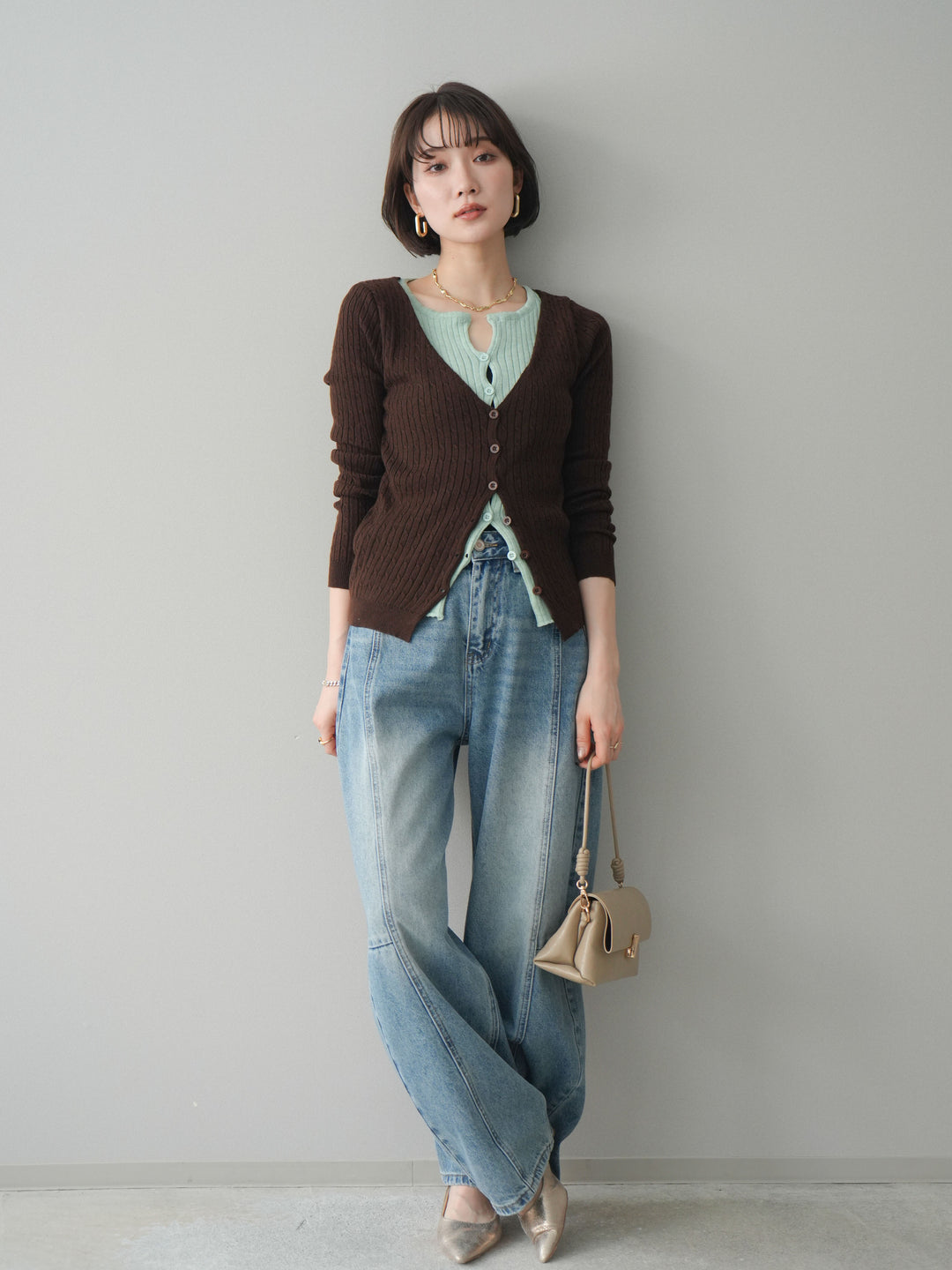 [予約]バイカラーレイヤードニットカーディガン/brown