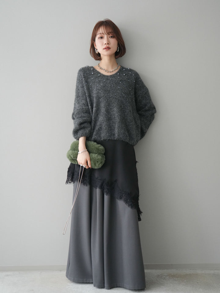 [SET]パール×ビジューVネックニットプルオーバー+アシンメトリーサテンレースキャミソール+テープベルトタックバギーパンツ(3set)