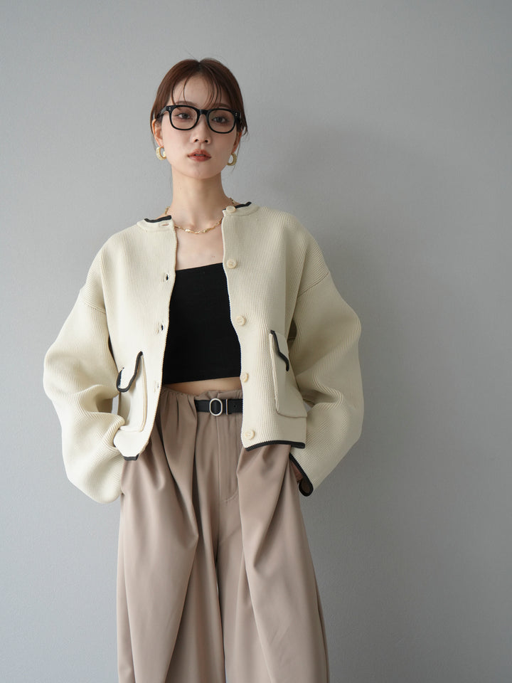 [予約]ポリエステル配色クルーネックカーディガン/アイボリー