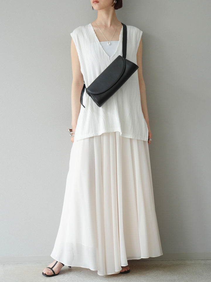 [SET]ウェーブパイピングVネックベスト+シフォンフレアスカート(2set)