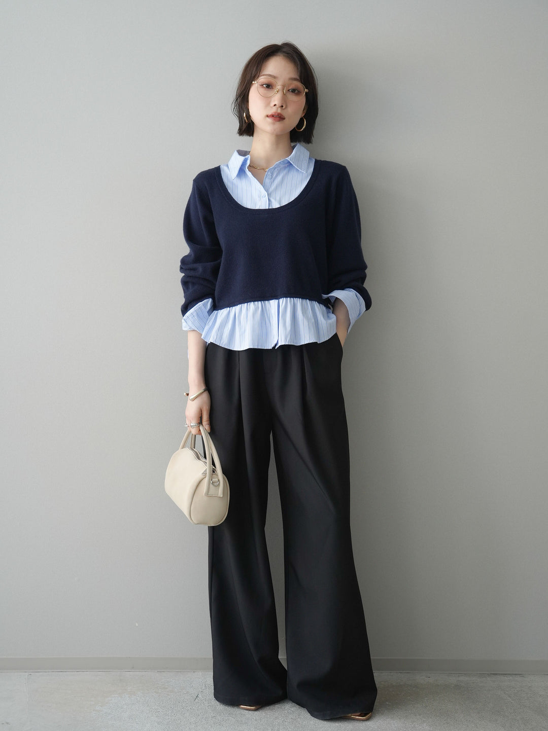 [予約]ストライプシャツUネックドッキングニットプルオーバー/navybluestripeB