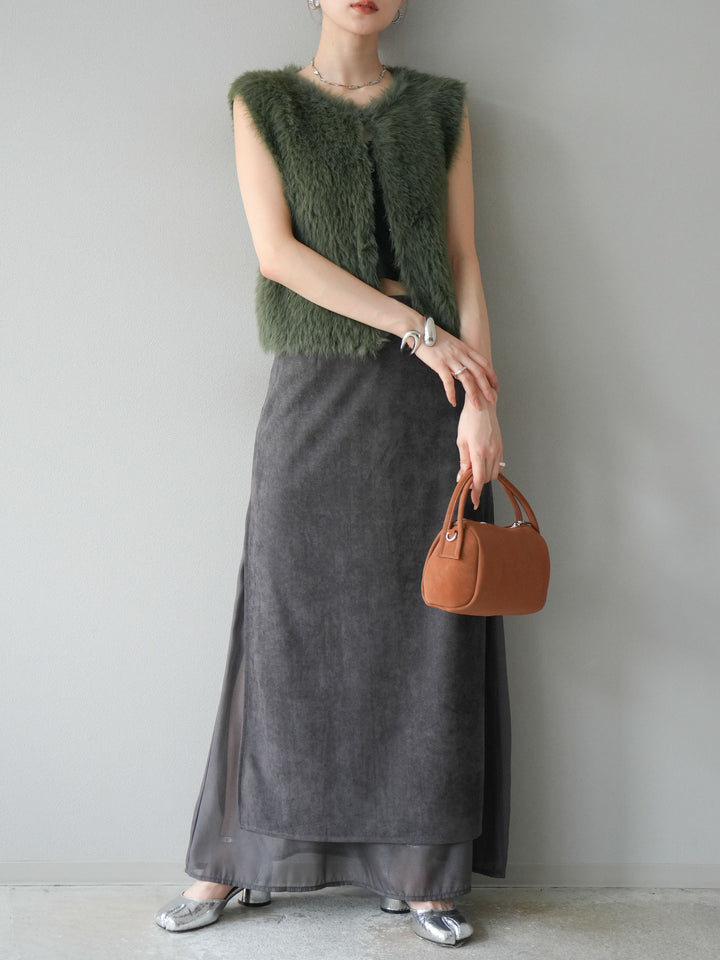 [予約]サイドスリットスウェードドッキングシフォンスカート/グレー