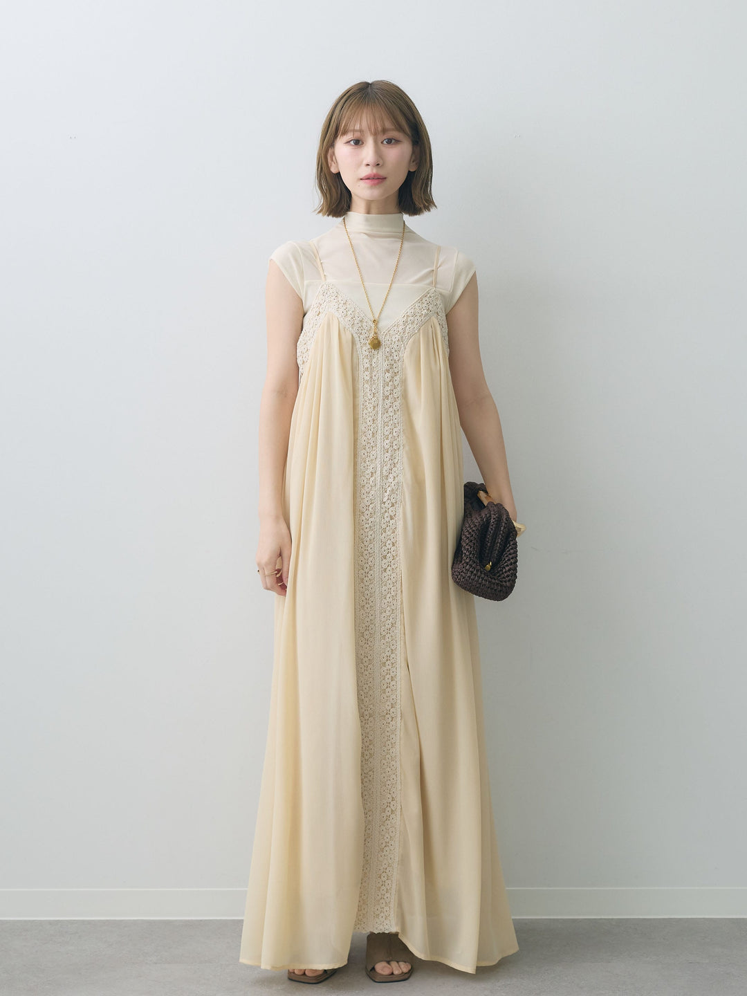 [SET]センタークロシェレースキャミワンピース+シアー切替ストレッチトップス(2set)