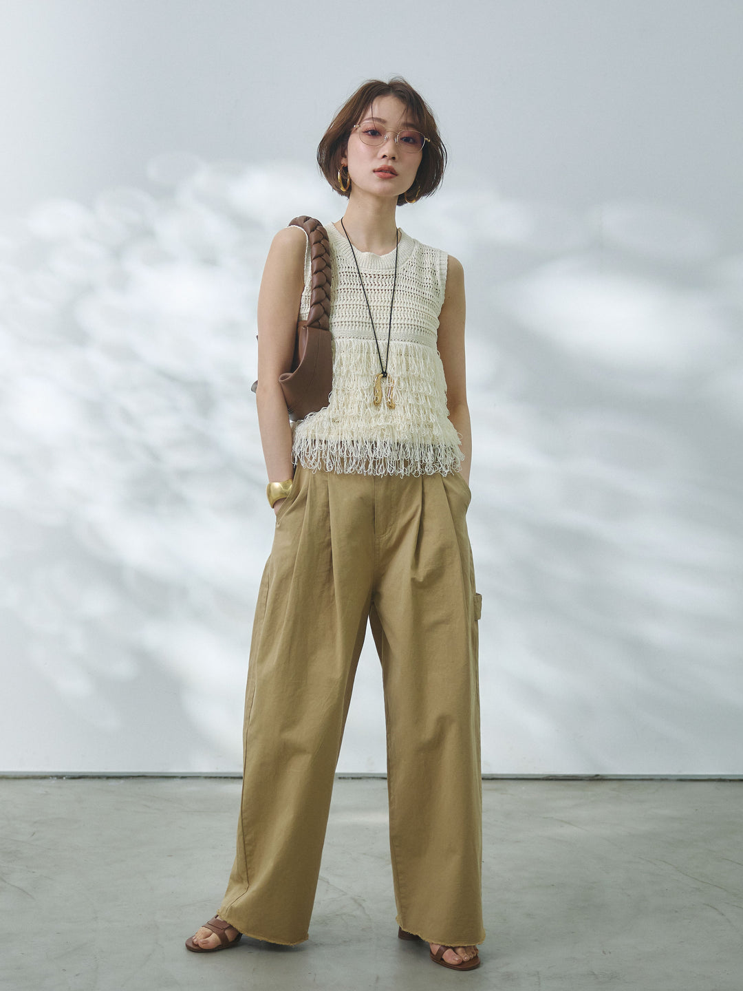 【Allure】[SET]フリンジクロップドニットベスト+カットオフコットンツイルタックワイドパンツ(2set)