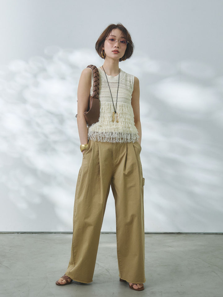【Allure】[SET]フリンジクロップドニットベスト+カットオフコットンツイルタックワイドパンツ(2set)
