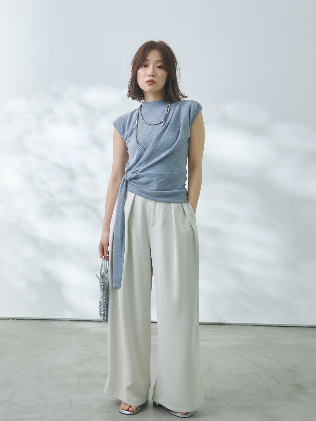 【Allure】[SET]サイドベルトボトルネックノースリーブニットトップス+サイドベルトボトルネックノースリーブニットトップス(2set)