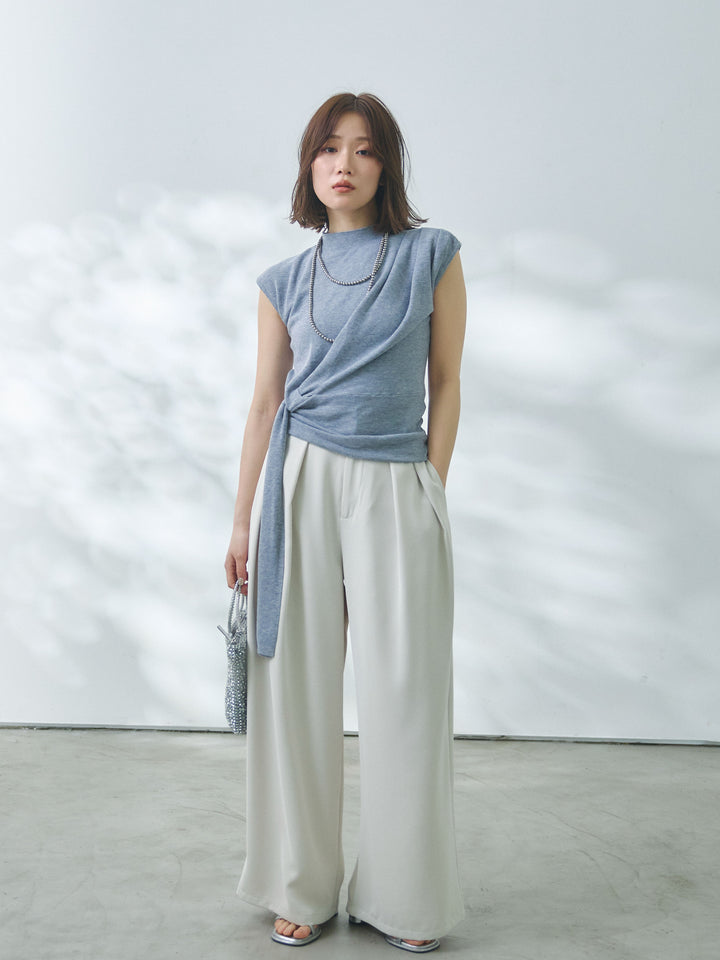 【Allure】[SET]サイドベルトボトルネックノースリーブニットトップス+サイドベルトボトルネックノースリーブニットトップス(2set)