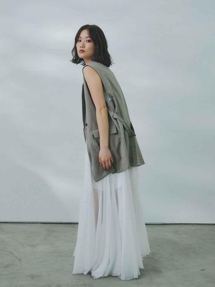 【Allure】[SET]ボウタイシアーキャミワンピース+杢調ミディ丈テーラードジレ(2set)