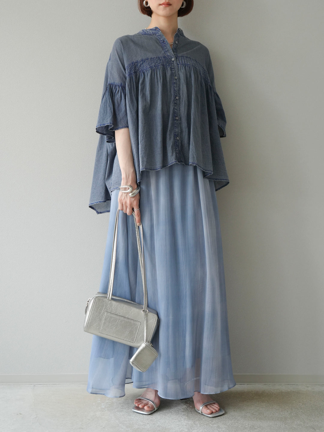 [予約]ニュアンスシアーフレアスカート/ブルー