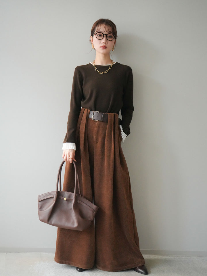 [SET]袖プリーツ配色レイヤードトップス+ベルトデザインループコールテンワイドパンツ(ベルト付き)(2set)