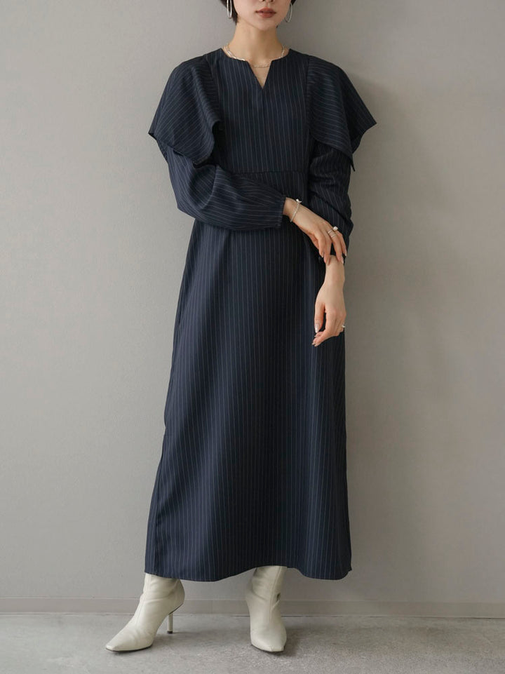 [Pre-order] Pinstripe Cape Design Dress/Navy