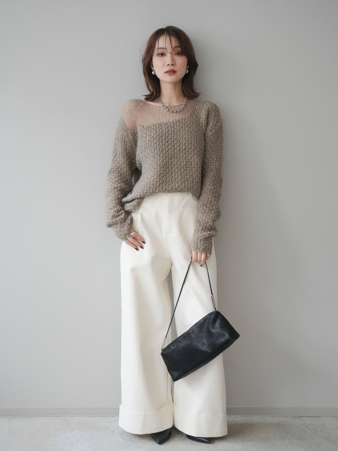 [予約]ベルト付き折り返しコットンツイルワイドパンツ/ivory