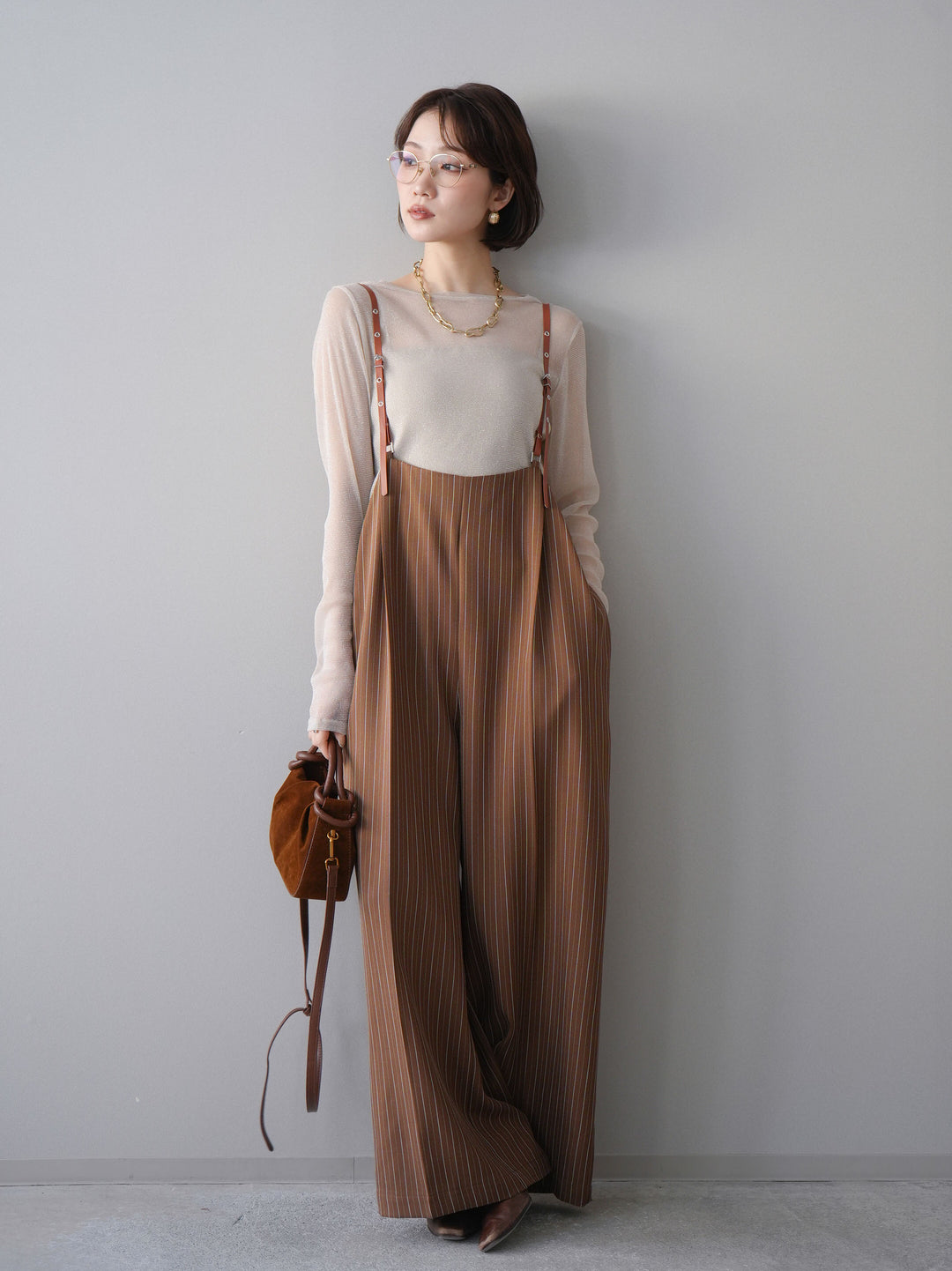 [予約]ヘリンボーンストライプサス付サロペット/goldbrown