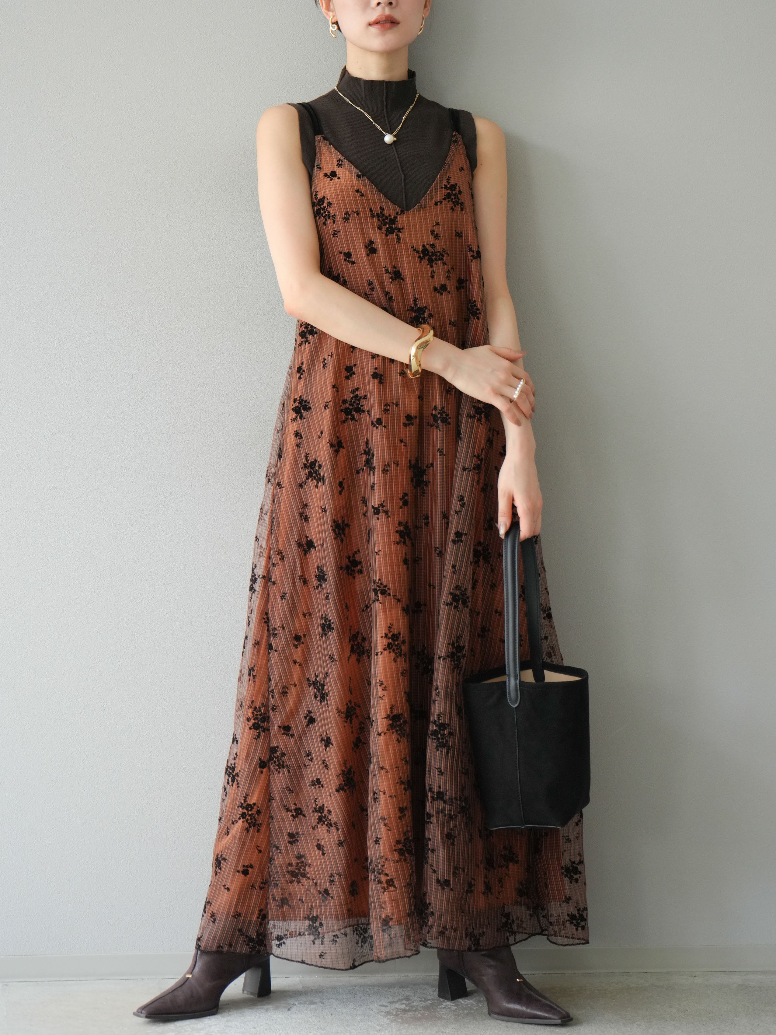 SET]フロッキーチュールレイヤードベロアキャミワンピース+プチ