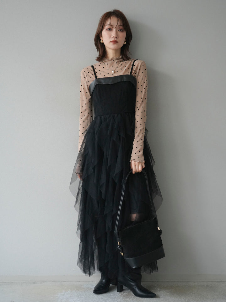 [予約]レザー切替チュールラッフルワンピース/black
