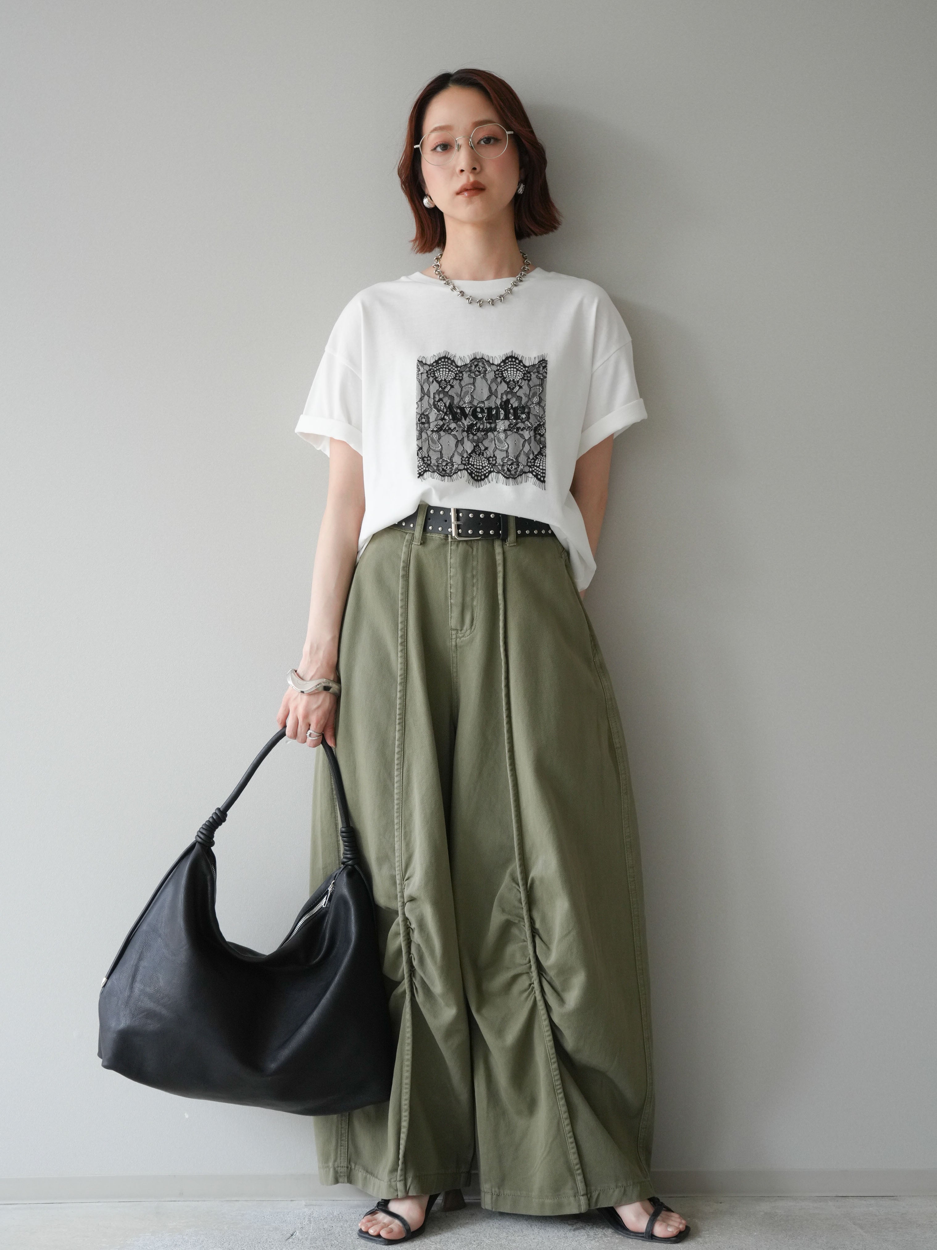 【Taitairenrenさま専用】 SET]レースコラージュロゴTシャツ+ベルト付センターギャザーワイド