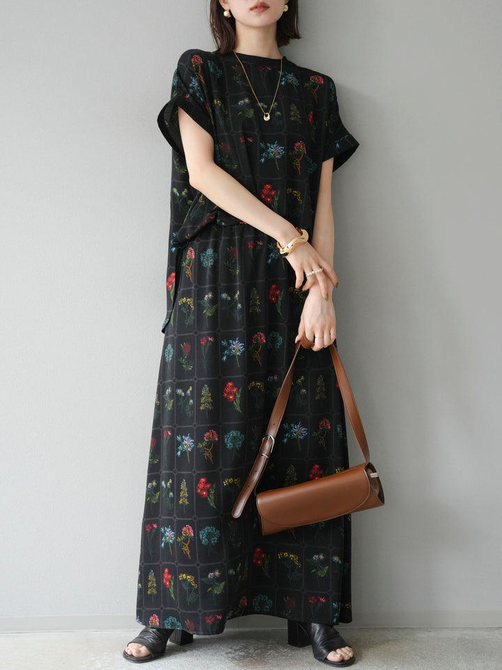 [予約]パッチワークフラワープリントフレアスカート/ブラック