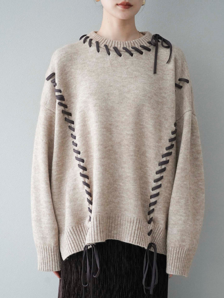 [Pre-order] Hand-stitched color-coordinated over-knit pullover/beige