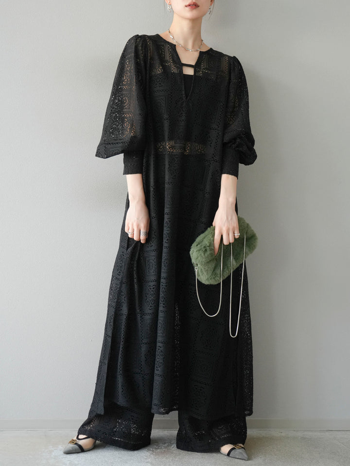 【套裝】塊蕾絲捲袖洋裝+塊蕾絲寬褲（2套）