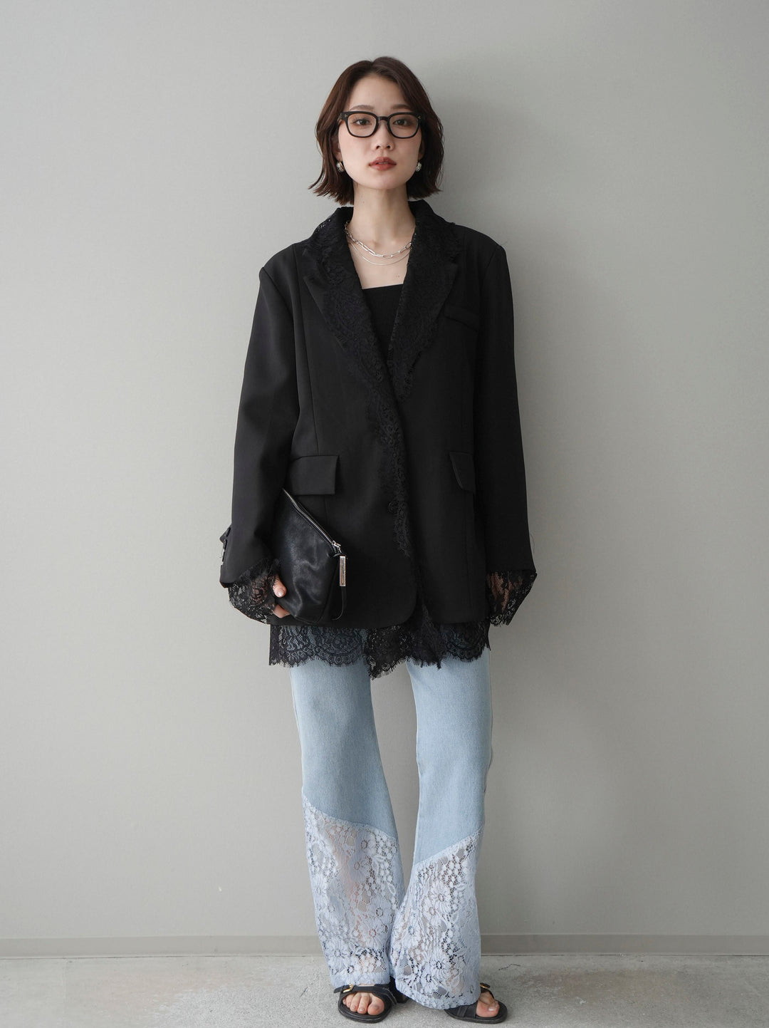 [予約]レース切替フレアデニムパンツ/bleach