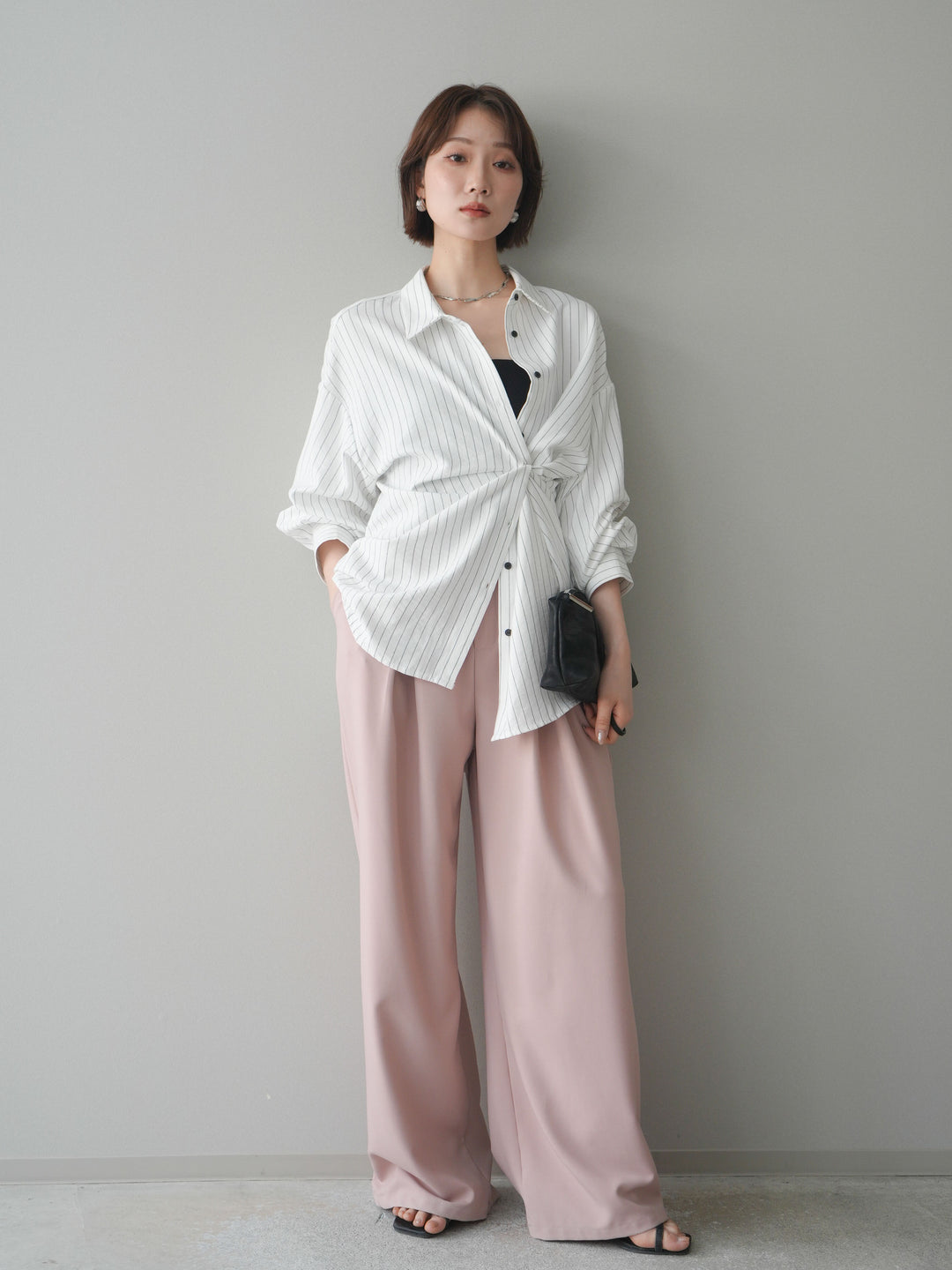 [SET]2WAYカシュクールストライプブラウス+ベルト付キーホルダーモチーフワイドパンツ(2set)