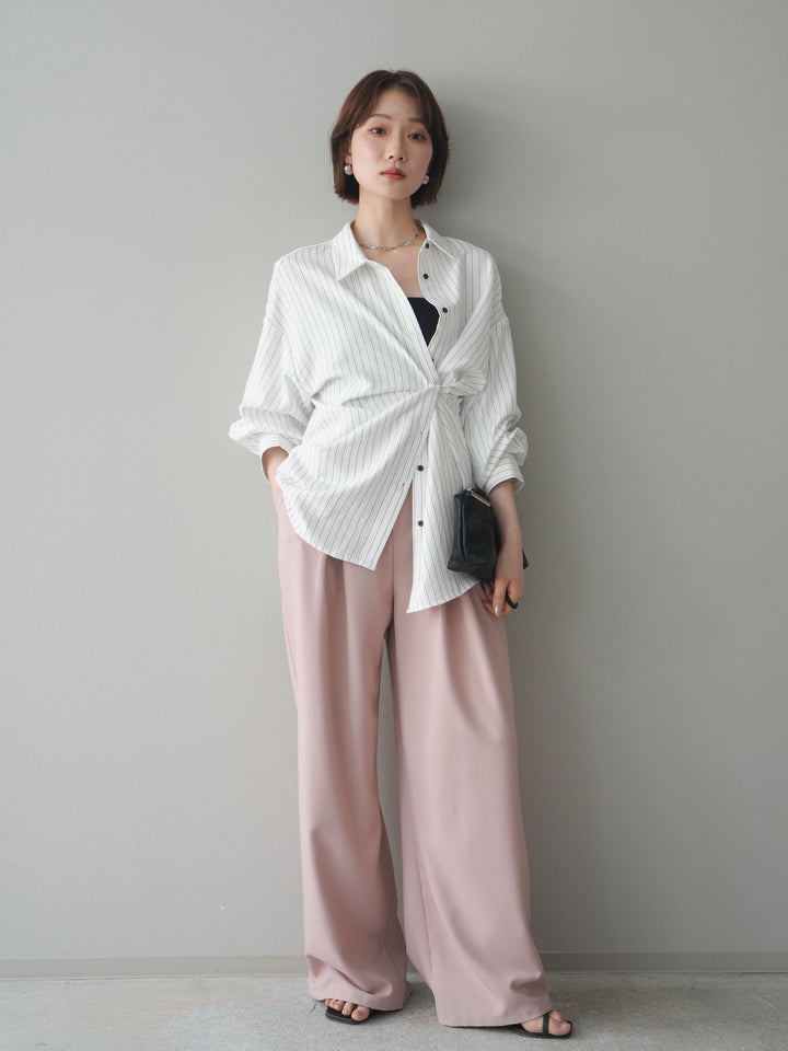 [SET]2WAYカシュクールストライプブラウス+ベルト付キーホルダーモチーフワイドパンツ(2set)