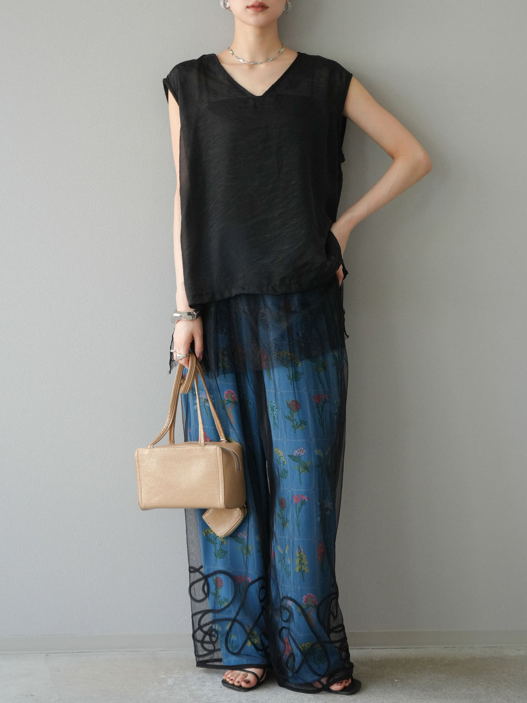 [予約]パッチワークフラワープリントイージーパンツ/ブルー