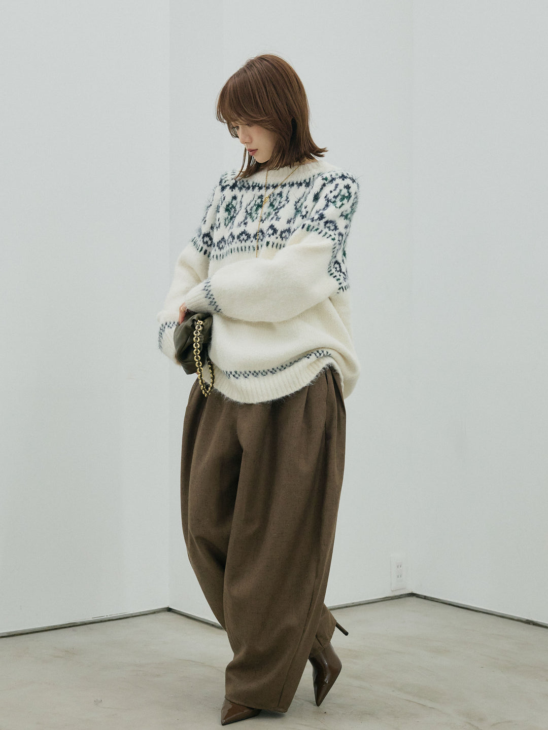 【Allure】[SET]ノルディック柄モックネックオーバニットプルオーバー+ノルディック柄モックネックオーバニットプルオーバー(2set)