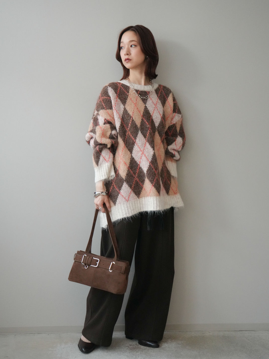 [予約]ベルト付裏起毛センターシームカーブパンツ/brown