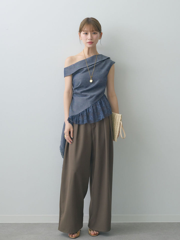 [SET]アシンメトリーラッフルレースヘムトップス+クレープデシンタックワイドパンツ(2set)