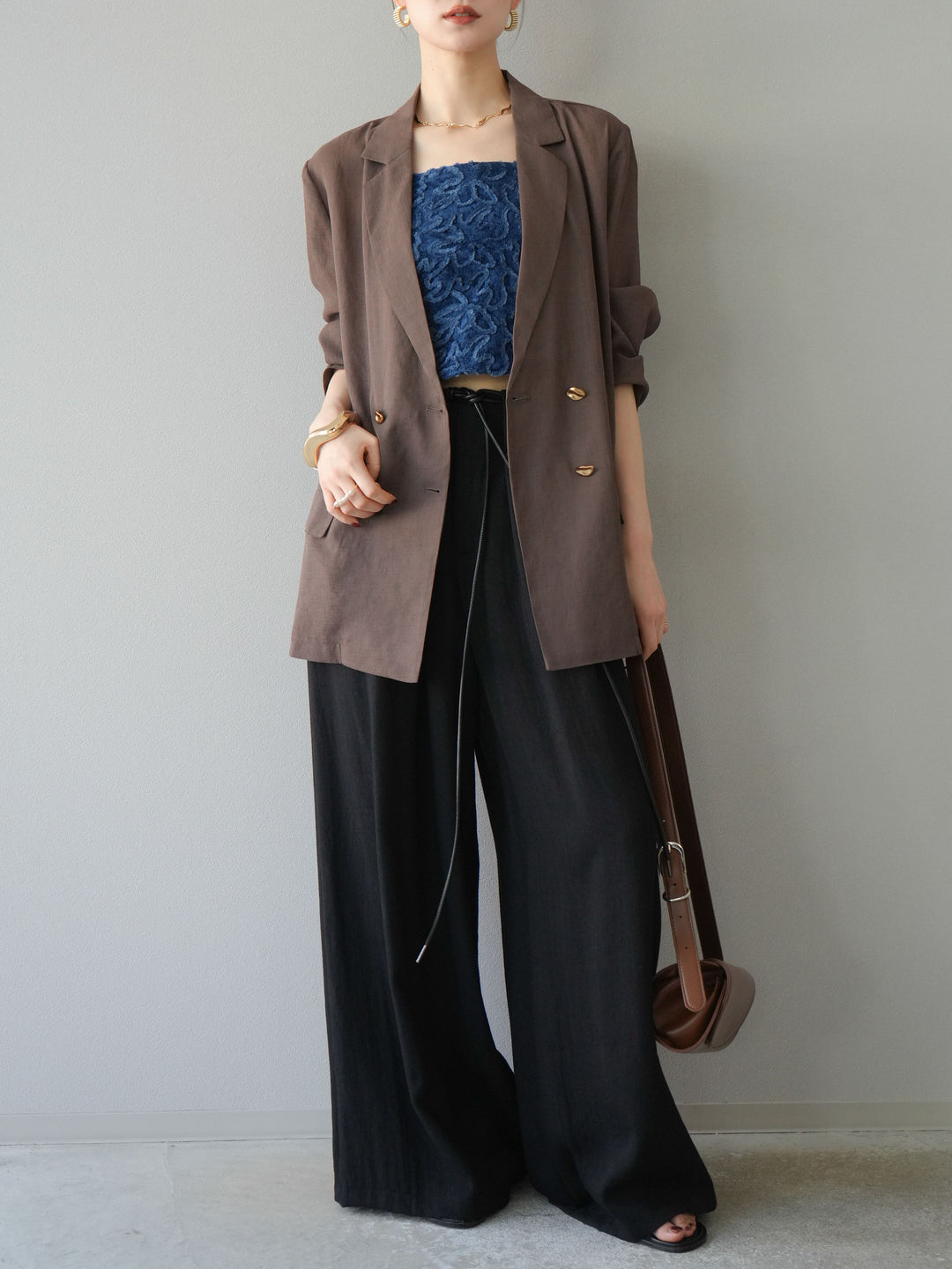 [予約]ロープデザインベルトリネンタッチワイドパンツ/ブラック