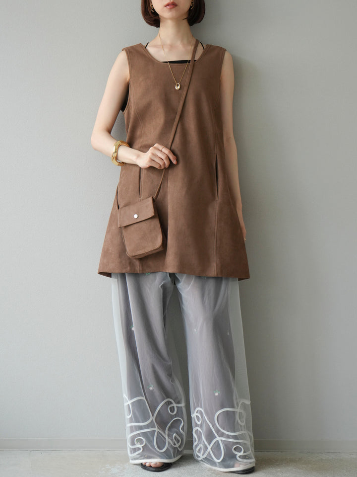 [予約]フラワー刺繍イージーパンツ/ブラウン