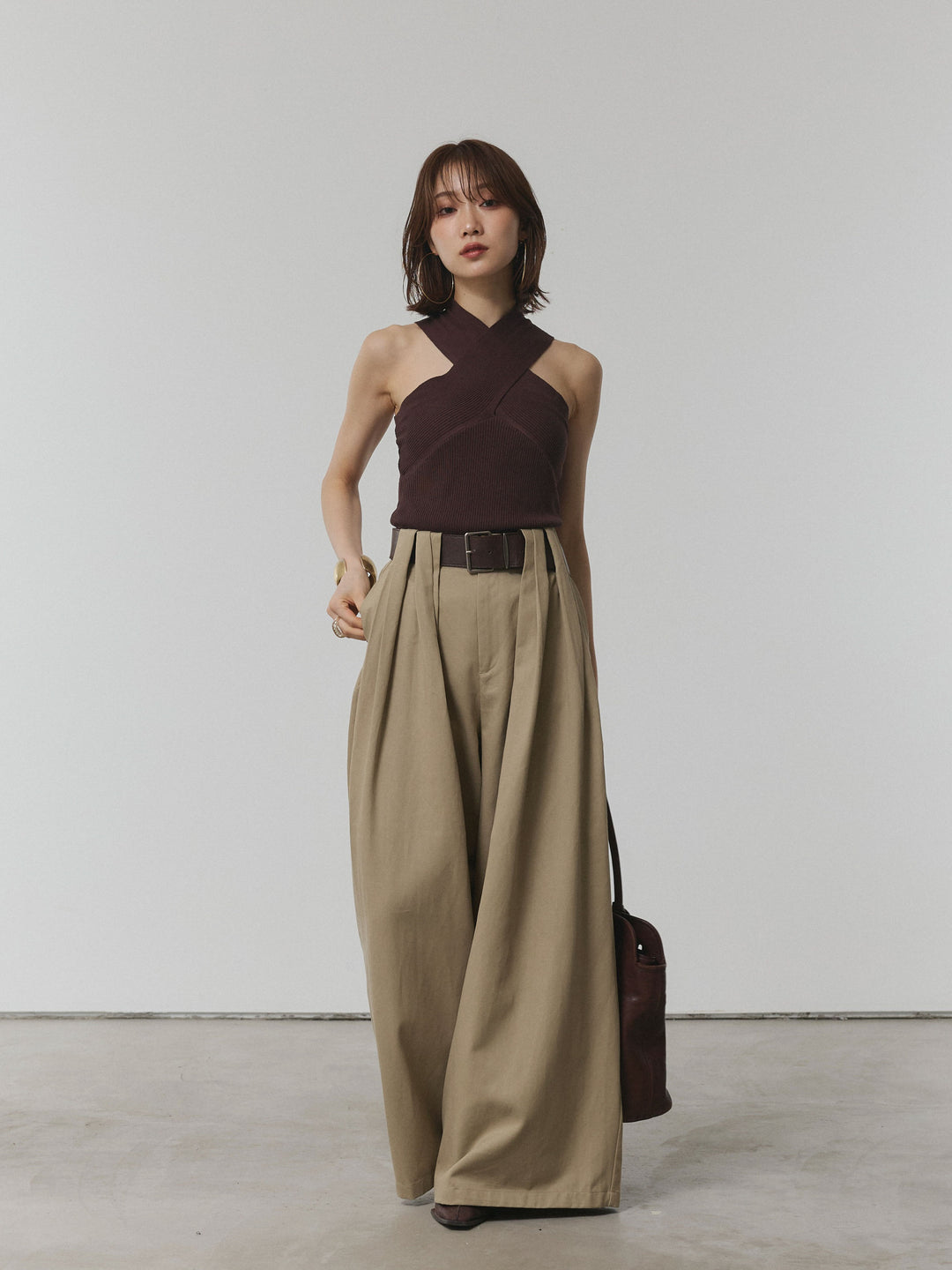 【Allure】[SET]クロスリブニットタンクトップ+ベルト付ダブルループワイドパンツ(2set)