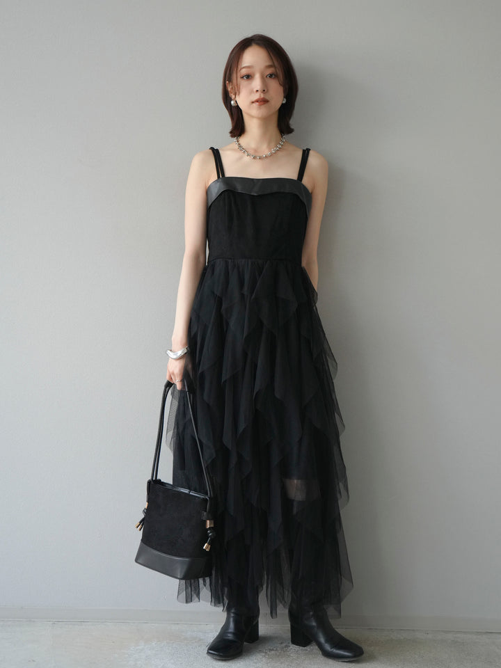 [予約]レザー切替チュールラッフルワンピース/black