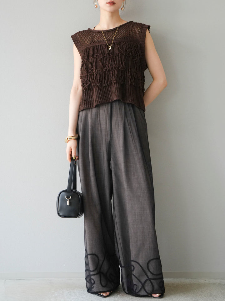 [SET]透かし編みフリンジニットトップス+コード刺繍チュールレイヤードパンツ(2set)