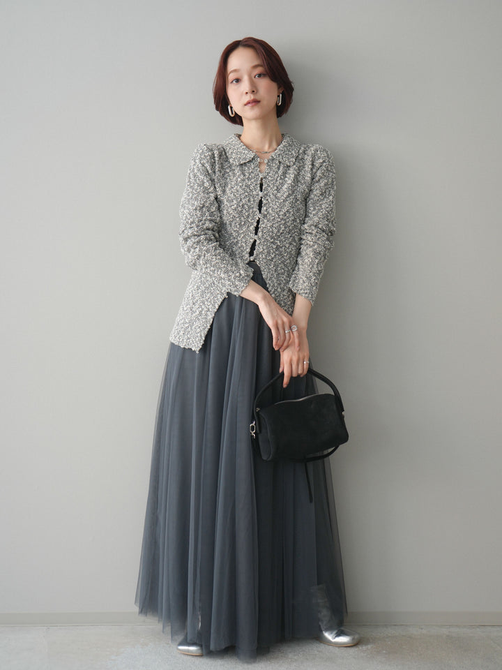 [SET]透かし編みブークレポロニットトップス+選べるアクセセット(2set)