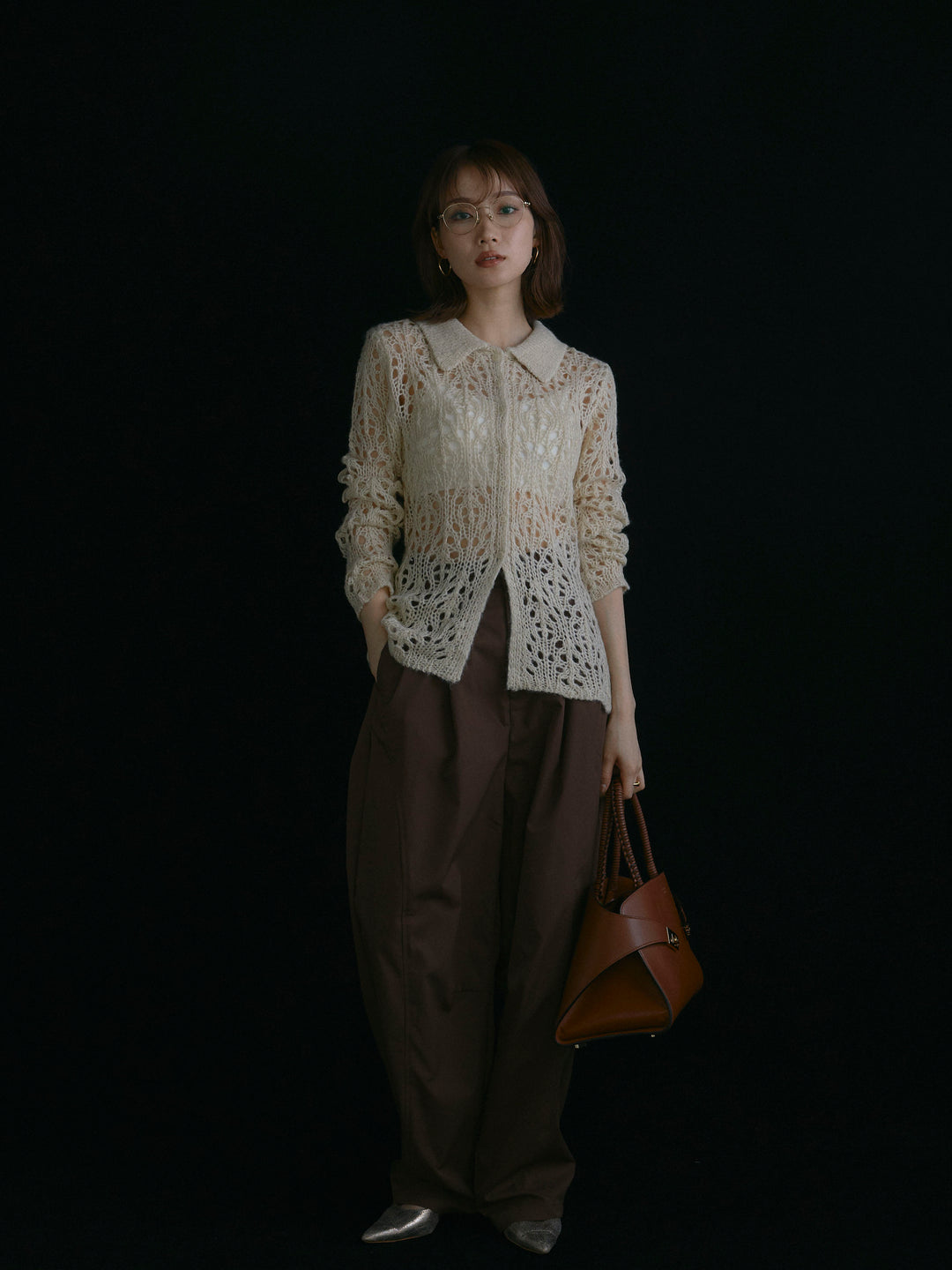 【Allure】[SET]ローゲージ透かし編みポロニッカーディガン+タフタワイドカーブパンツ(2set)