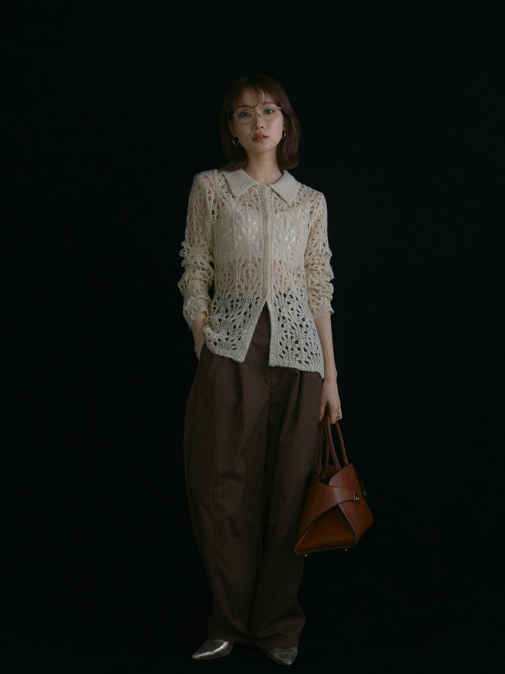 【Allure】[SET]ローゲージ透かし編みポロニッカーディガン+タフタワイドカーブパンツ(2set)