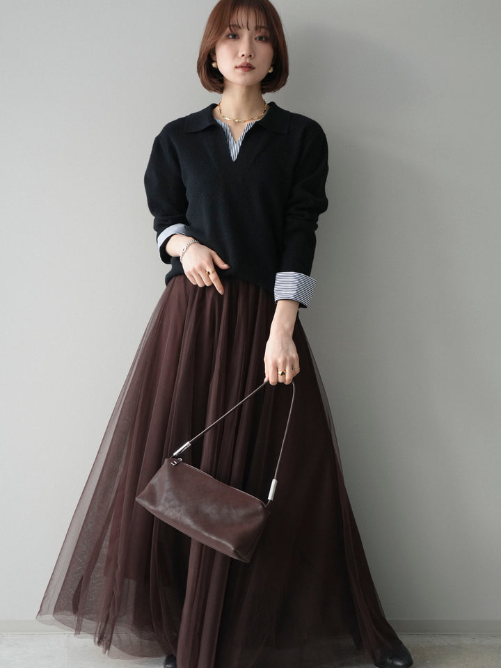 [予約]シャツレイヤードスキッパーニットプルオーバー/black