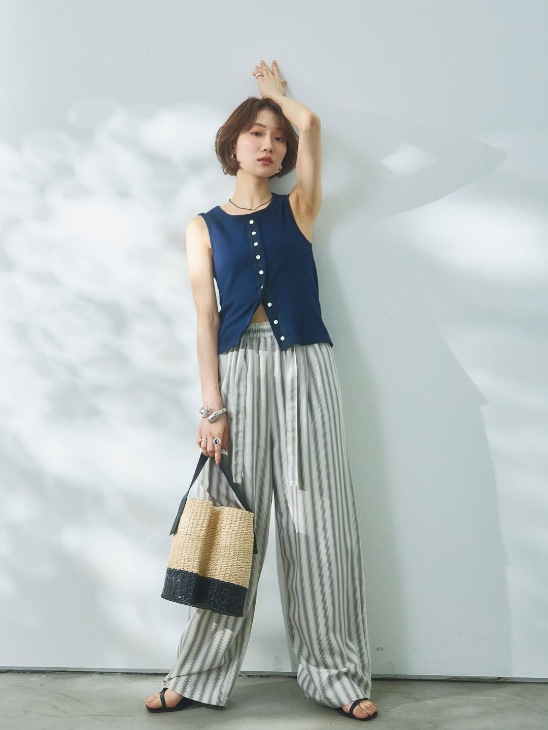 【Allure】[SET]フロントボタンテレコリブタンクトップ+ストライプイージーパンツ(2set)