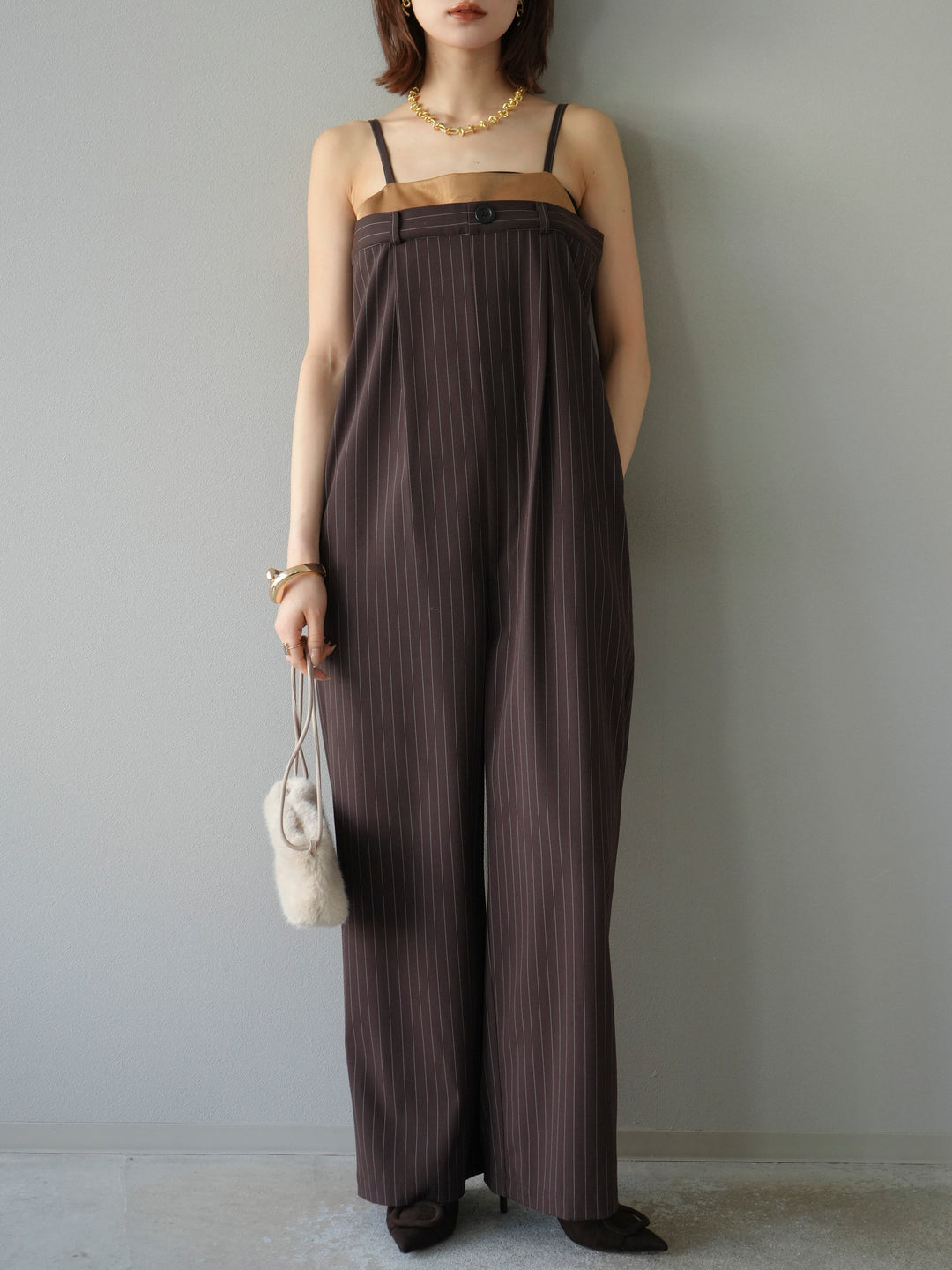 [予約]サテン切替ピンストライプサロペット/ブラウン