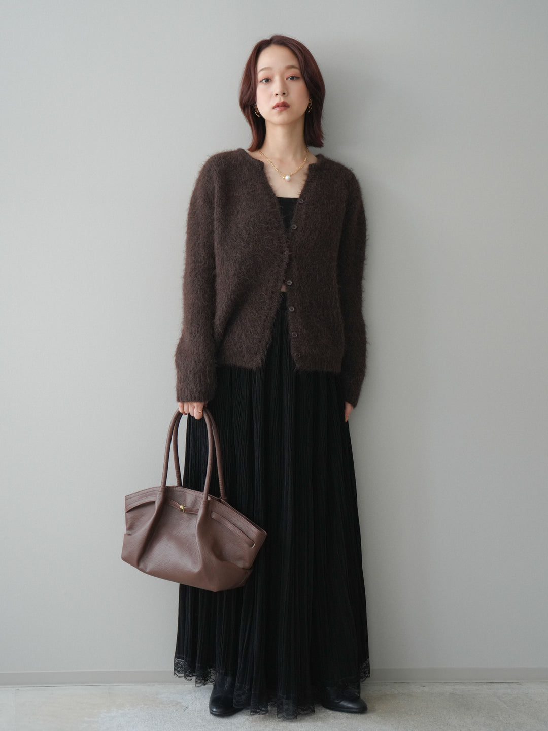 [予約]キーネックシャギーニットカーディガン/brown