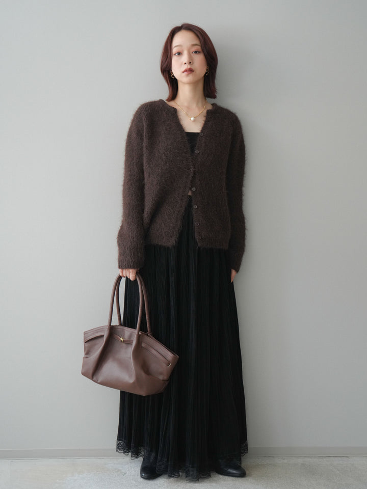 [予約]キーネックシャギーニットカーディガン/brown