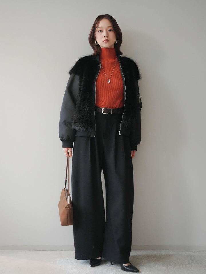 [予約]アニマル柄ベルト付きウールタッチワイドパンツ/black