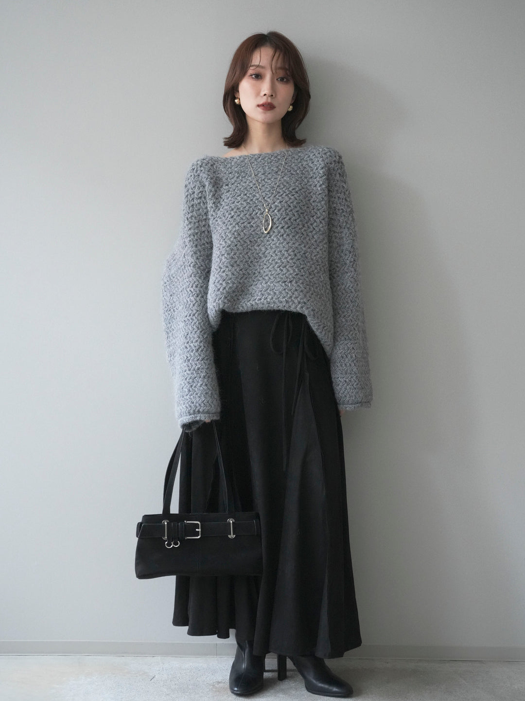 [予約]ワッフル編みオーバーニットプルオーバー/gray