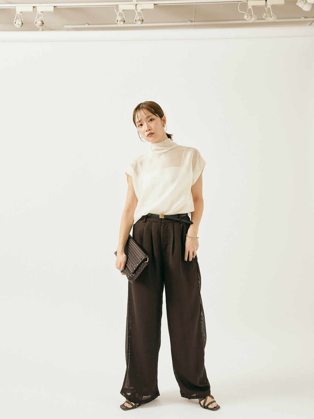 【Allure】[SET]シャイニーシアーブラウス+メッシュタックワイドパンツ(2set)