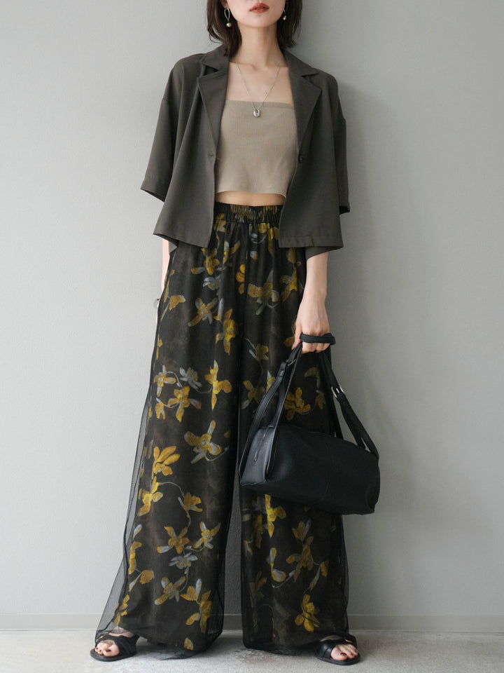 [SET]ハーフショートジャケット+フラワープリントチュールレイヤードパンツ(2set)