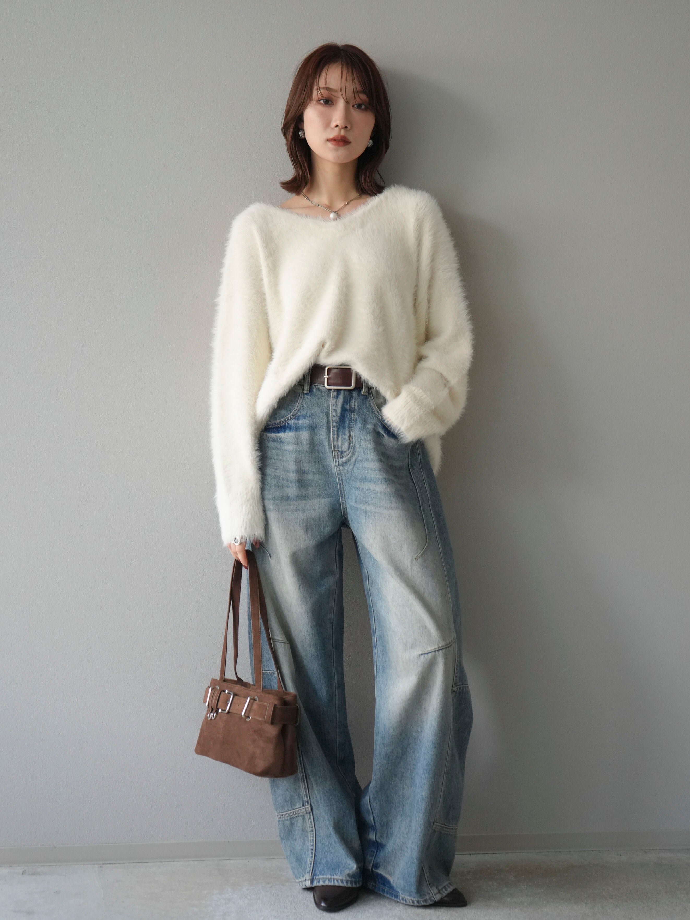 予約]バックリボンVネックシャギーニットプルオーバー/ivory – Lumier