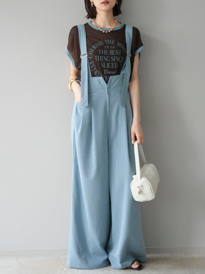 [SET]ストリングデザインハイウエストサロペット+シアーフライス ロゴプリントT (2set)