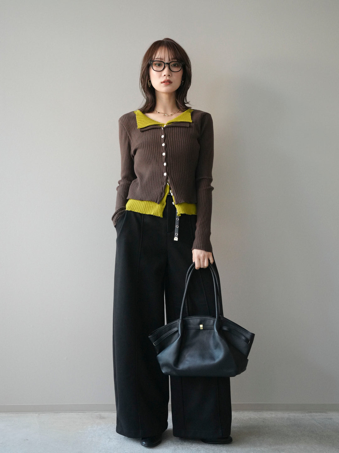 [予約]配色レイヤードリブニットカーディガン/brown